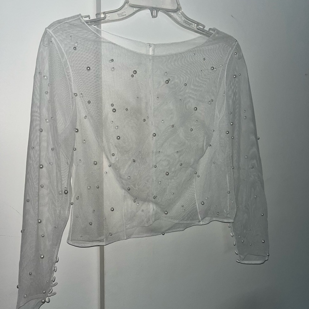 Elegant Sheer White Top with Pearl Accents